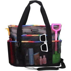 Mesh Beach Bag 40L with 9 Pockets Pool Vacation Travel Picnic Black and Colorful